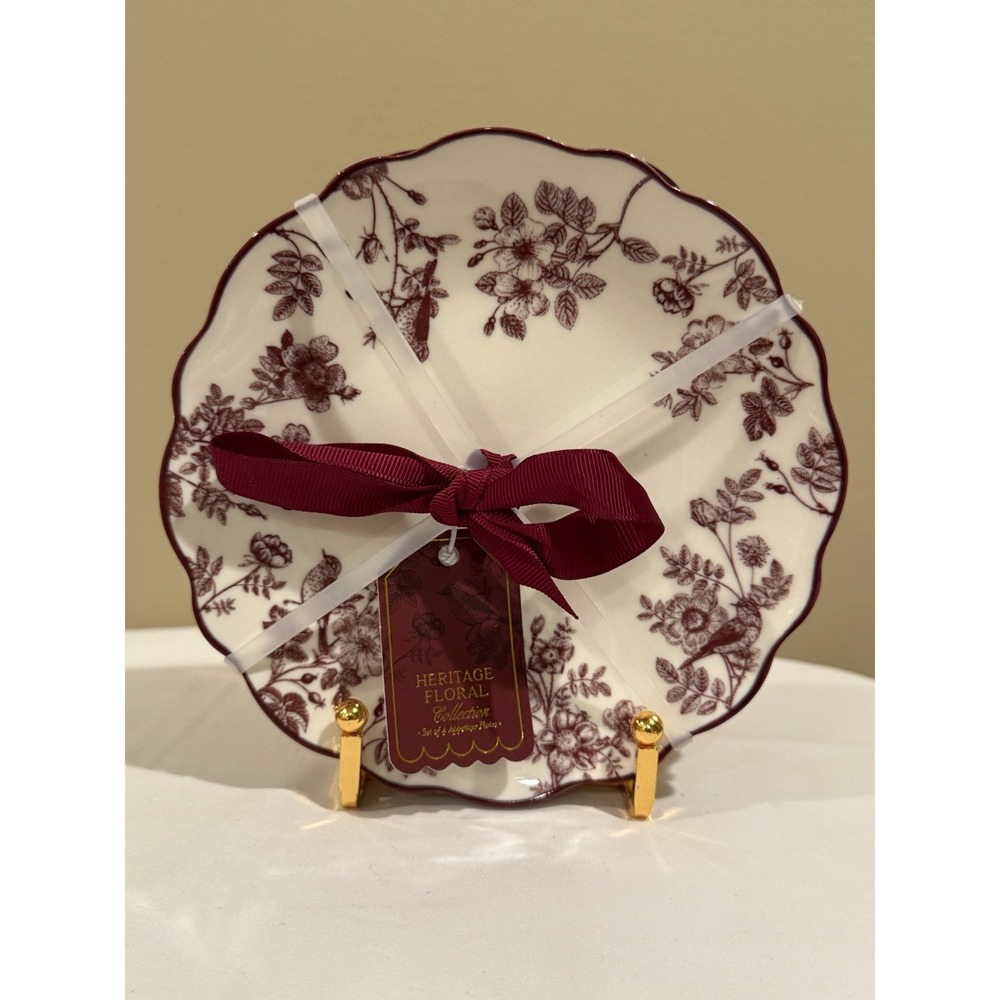 Sunday Morning Ceramic Maroon Floral/ Bird Design 6" Appetizer Plates‎
